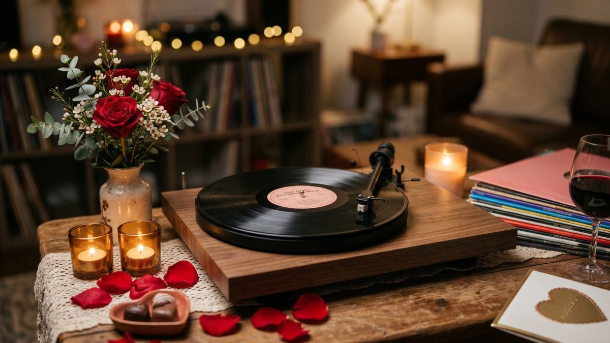 Toca-discos de vinil de madeira tocando um LP em uma mesa decorada com rosas vermelhas, pétalas, bombons e velas acesas