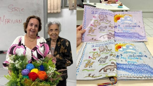 Foto dividida em duas partes: à esquerda, formanda e sua mãe de 98 anos segurando buquê decorado com novelos de lã; à direita, detalhe de um livro infantil artesanal com páginas inteiramente bordadas à mão, projeto de TCC da autora.