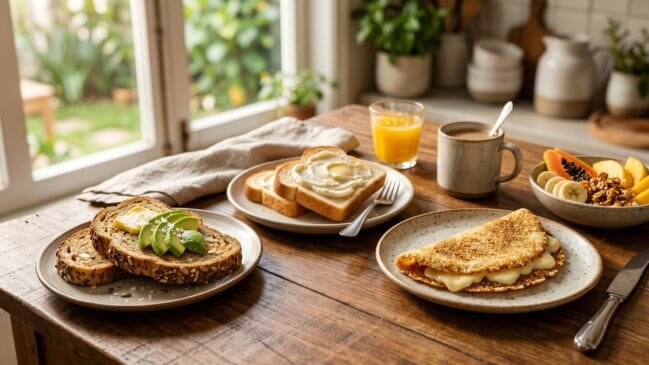 Mesa de café da manhã com pão integral, pão branco e tapioca, acompanhados de frutas, café e suco.