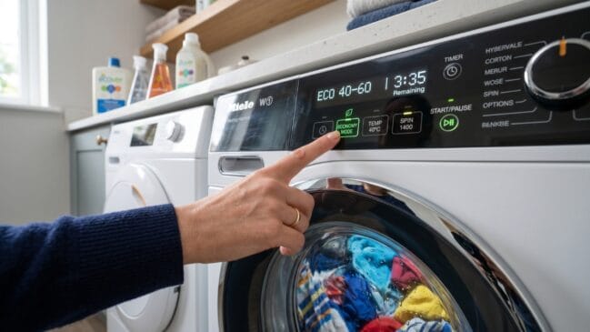 Pessoa selecionando o modo econômico em máquina de lavar roupas com painel digital iluminado.