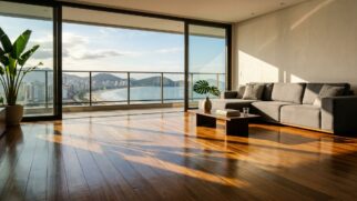 Sala de estar moderna com piso de madeira iluminado pelo sol e grande porta de vidro aberta para varanda com vista panorâmica da praia.