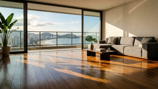 Sala de estar moderna com piso de madeira iluminado pelo sol e grande porta de vidro aberta para varanda com vista panorâmica da praia.