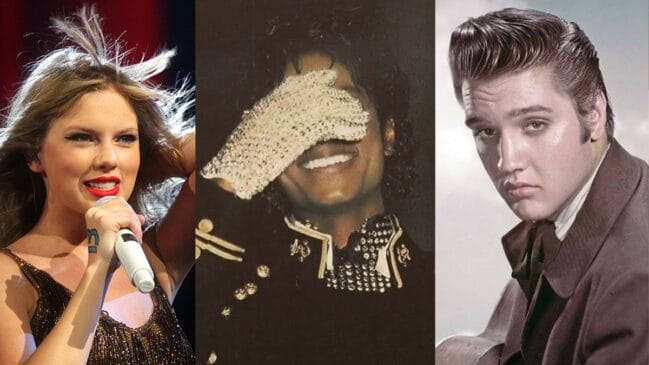 Montagem com Taylor Swift, Michael Jackson e Elvis Presley, três nomes marcantes da música mundial.
