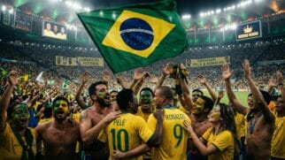 Jogadores e torcedores com camisas da Seleção Brasileira celebram em estádio lotado com grande bandeira do Brasil estendida ao centro