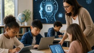 Imagem gerada por Inteligência Artificial de crianças estudando em notebooks