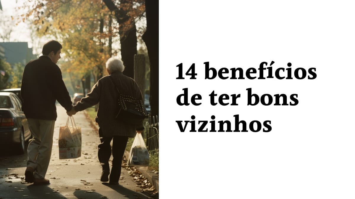 Jovem ajudando vizinha idosa a carregar compras na calçada, ilustrando os benefícios de ter bons vizinhos.
