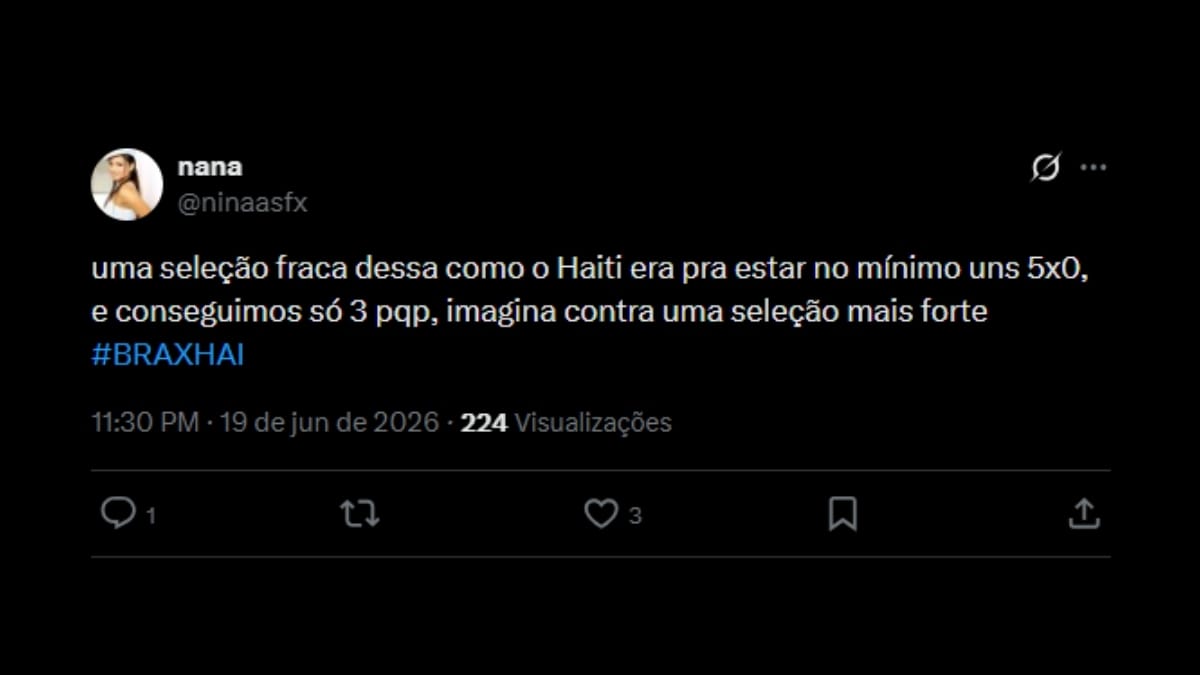 Comentário de usuário de rede social sobre o jogo entre Brasil e Haiti