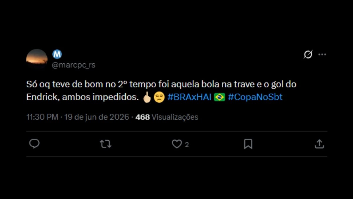 Comentário de usuário de rede social sobre o jogo entre Brasil e Haiti