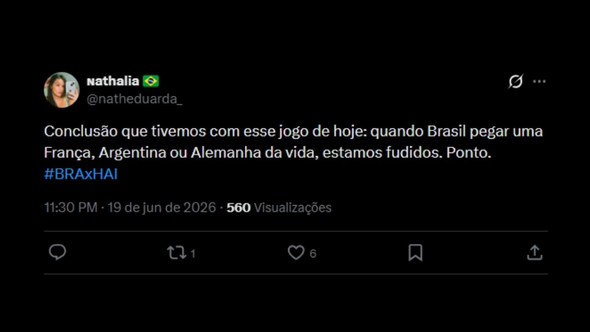 Comentário de usuário de rede social sobre o jogo entre Brasil e Haiti