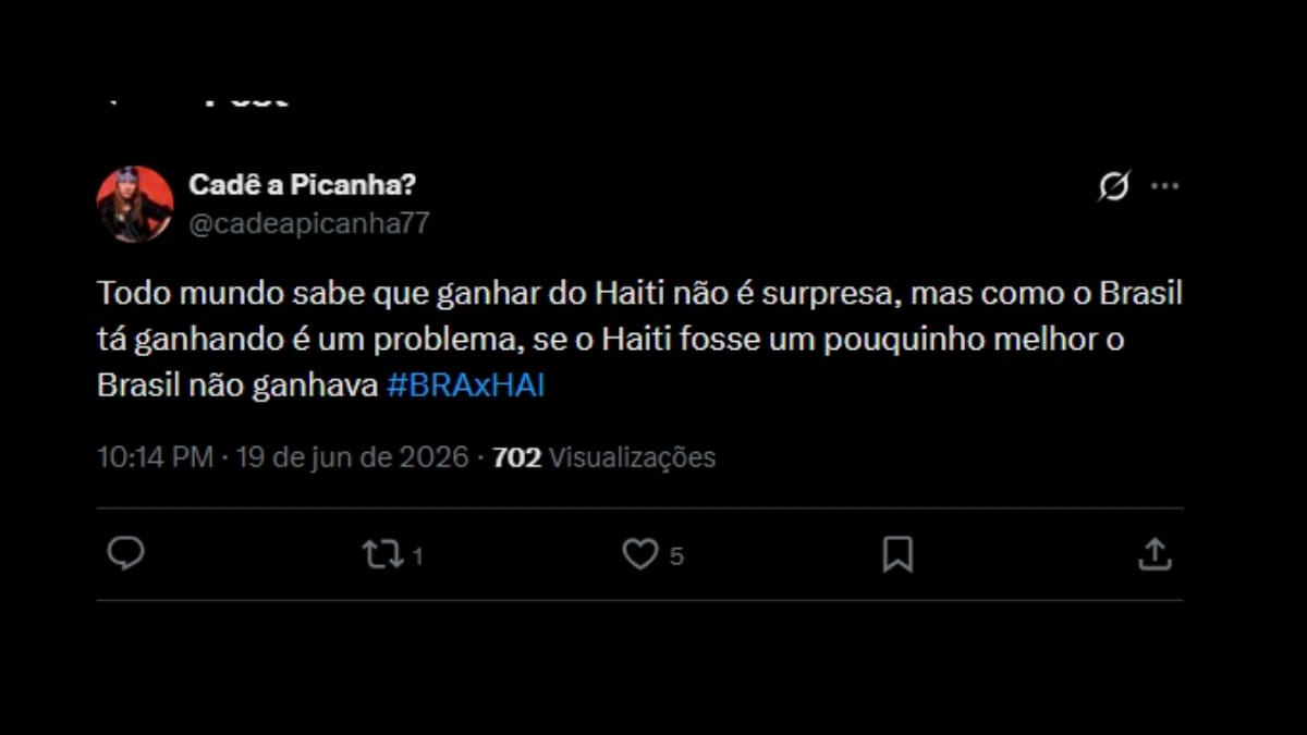 Comentário de usuário de rede social sobre o jogo entre Brasil e Haiti