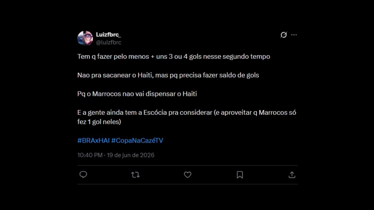 Comentário de usuário de rede social sobre o jogo entre Brasil e Haiti
