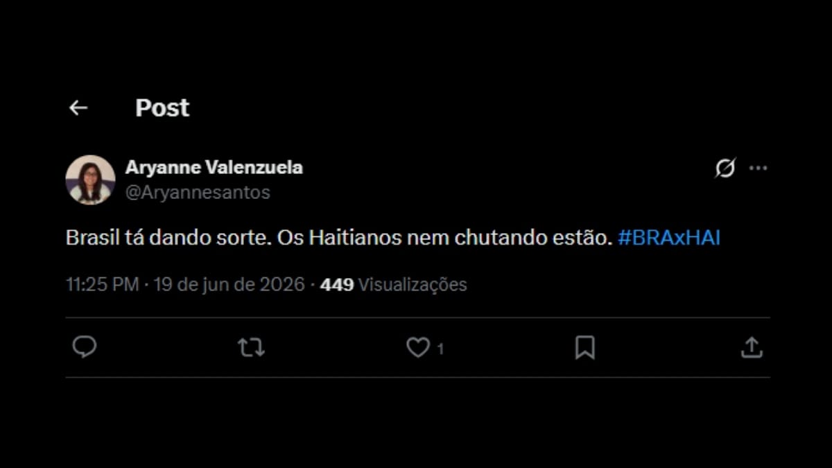 Comentário de usuário de rede social sobre o jogo entre Brasil e Haiti