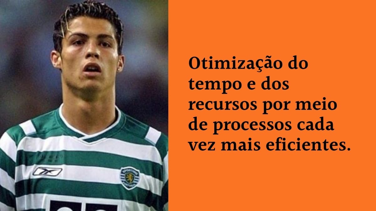 Cristiano Ronaldo jovem, vestindo o uniforme do Sporting, ao lado do texto: "Otimização do tempo e dos recursos por meio de processos cada vez mais eficientes", destacando a importância da gestão inteligente de recursos para o sucesso.