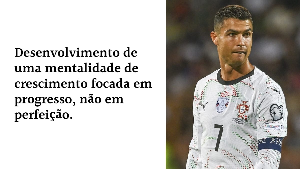 Cristiano Ronaldo vestindo o uniforme da Seleção de Portugal, ao lado do texto: "Desenvolvimento de uma mentalidade de crescimento focada em progresso, não em perfeição", enfatizando a importância do aprendizado contínuo.