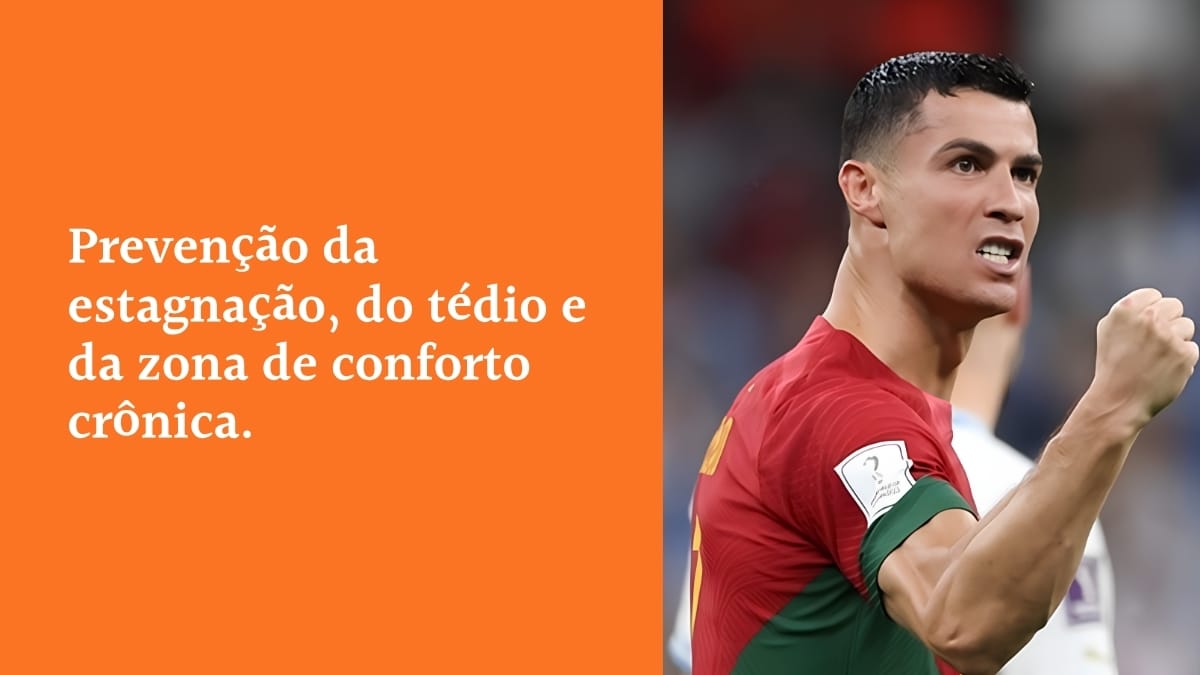 Cristiano Ronaldo celebrando em campo, ao lado do texto: "Prevenção da estagnação, do tédio e da zona de conforto crônica", simbolizando a busca constante por movimento, propósito e evolução.