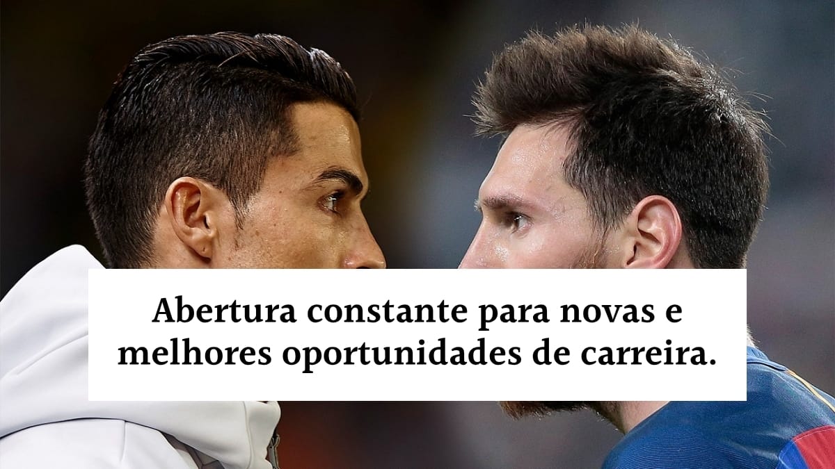 Cristiano Ronaldo e Lionel Messi frente a frente, ao lado do texto: "Abertura constante para novas e melhores oportunidades de carreira", destacando a importância da visão estratégica e da flexibilidade profissional.