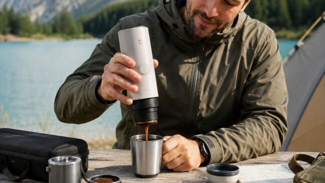 Imagem gerada por IA de um homem usando cafeteira portátil em meio as montanhas
