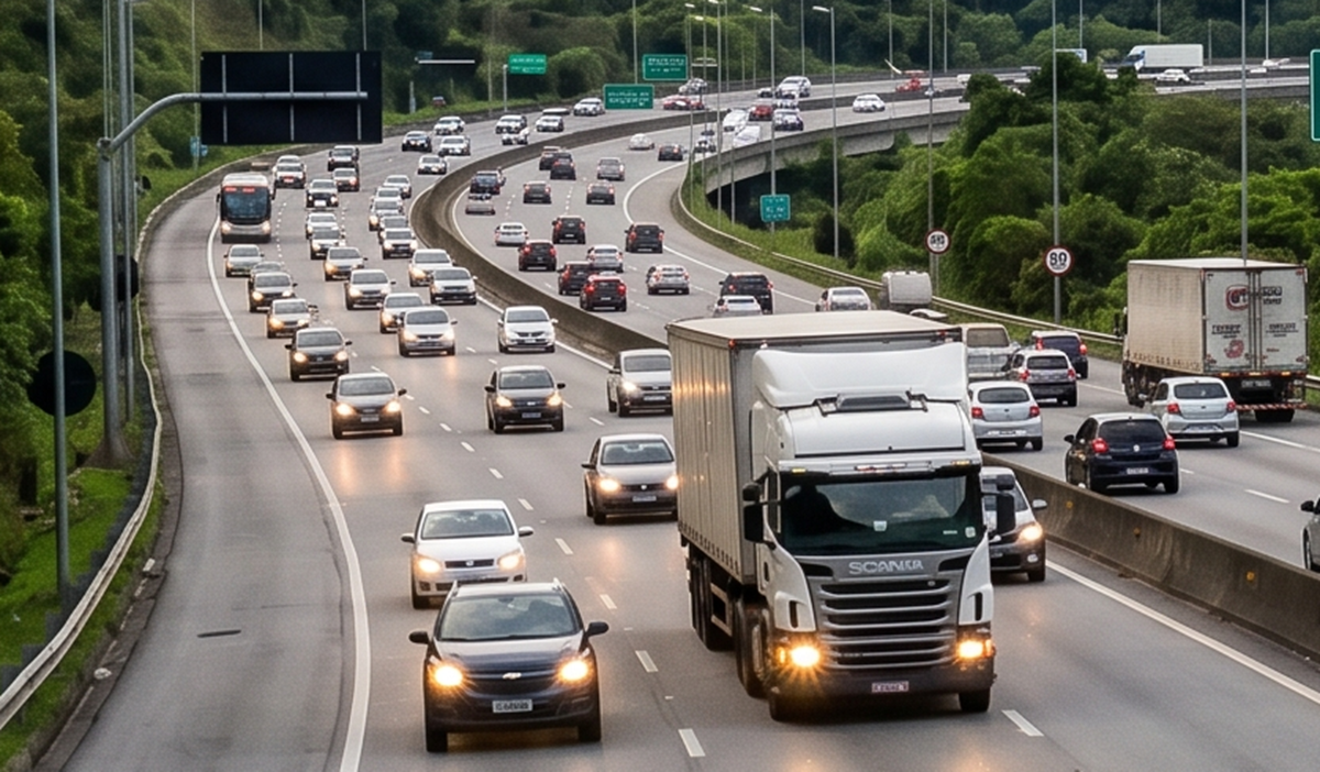 Carros com faróis acesos em rodovia