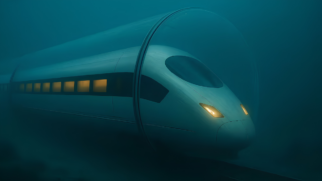 Uma imagem digital em plano médio horizontal mostra um trem de alta velocidade de formato aerodinâmico e cor branca viajando por um túnel subaquático transparente. O trem está posicionado diagonalmente, vindo do canto esquerdo superior em direção ao canto direito inferior. Ele tem um design moderno, com uma janela frontal escura e inclinada, lembrando a frente de um avião ou trem-bala. Dois faróis dianteiros acesos emitem uma luz amarela suave. Na lateral visível do vagão, há uma fileira de pequenas janelas retangulares iluminadas por dentro com uma luz também amarela. O túnel que envolve o trem é uma estrutura cilíndrica e totalmente transparente, reforçada por um arco metálico visível ao redor da frente do trem. Fora do túnel, a água do mar preenche todo o fundo da imagem em tons densos e profundos de azul-escuro e verde-esmeralda, criando uma atmosfera subaquática, levemente difusa e sem peixes ou vegetação visíveis.