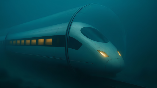 Uma imagem digital em plano médio horizontal mostra um trem de alta velocidade de formato aerodinâmico e cor branca viajando por um túnel subaquático transparente. O trem está posicionado diagonalmente, vindo do canto esquerdo superior em direção ao canto direito inferior. Ele tem um design moderno, com uma janela frontal escura e inclinada, lembrando a frente de um avião ou trem-bala. Dois faróis dianteiros acesos emitem uma luz amarela suave. Na lateral visível do vagão, há uma fileira de pequenas janelas retangulares iluminadas por dentro com uma luz também amarela. O túnel que envolve o trem é uma estrutura cilíndrica e totalmente transparente, reforçada por um arco metálico visível ao redor da frente do trem. Fora do túnel, a água do mar preenche todo o fundo da imagem em tons densos e profundos de azul-escuro e verde-esmeralda, criando uma atmosfera subaquática, levemente difusa e sem peixes ou vegetação visíveis.
