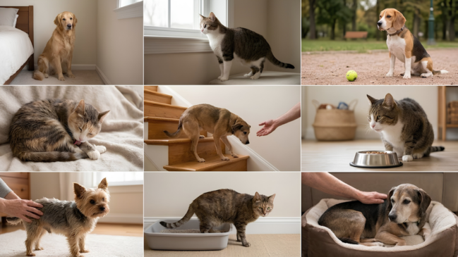 Uma colagem fotográfica retangular composta por nove imagens menores organizadas em uma grade de três linhas por três colunas. Cada quadrado ilustra sinais sutis de dor e desconforto em cães e gatos em ambientes domésticos: Primeira linha: À esquerda, um cão Golden Retriever sentado de forma isolada no canto de um quarto; no centro, um gato listrado olhando fixamente pela janela, de costas para o ambiente; à direita, um cão Beagle sentado em um parque, ignorando uma bolinha de tênis caída à sua frente. Segunda linha: À esquerda, um gato felpudo lambendo excessivamente a própria pata traseira deitado na cama; no centro, um cão de porte médio hesitando no topo de uma escada de madeira enquanto uma mão humana se estende para ajudá-lo; à direita, um gato listrado olhando fixamente para um pote cheio de ração sem demonstrar interesse em comer. Terceira linha: À esquerda, um pequeno cão Yorkshire Terrier tensionando o corpo ao receber um toque nas costas; no centro, um gato malhado demonstrando desconforto ou dificuldade postural ao utilizar sua caixa de areia; à direita, um cão idoso deitado em sua caminha recebendo um carinho acolhedor de uma pessoa idosa.