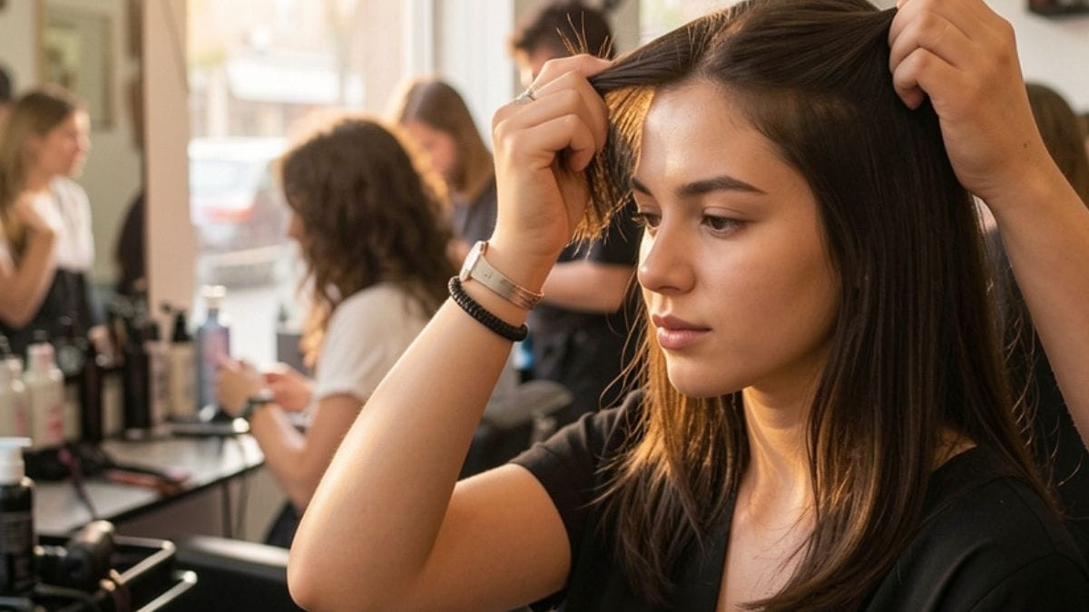 Mulher cortando cabelo em salão de beleza