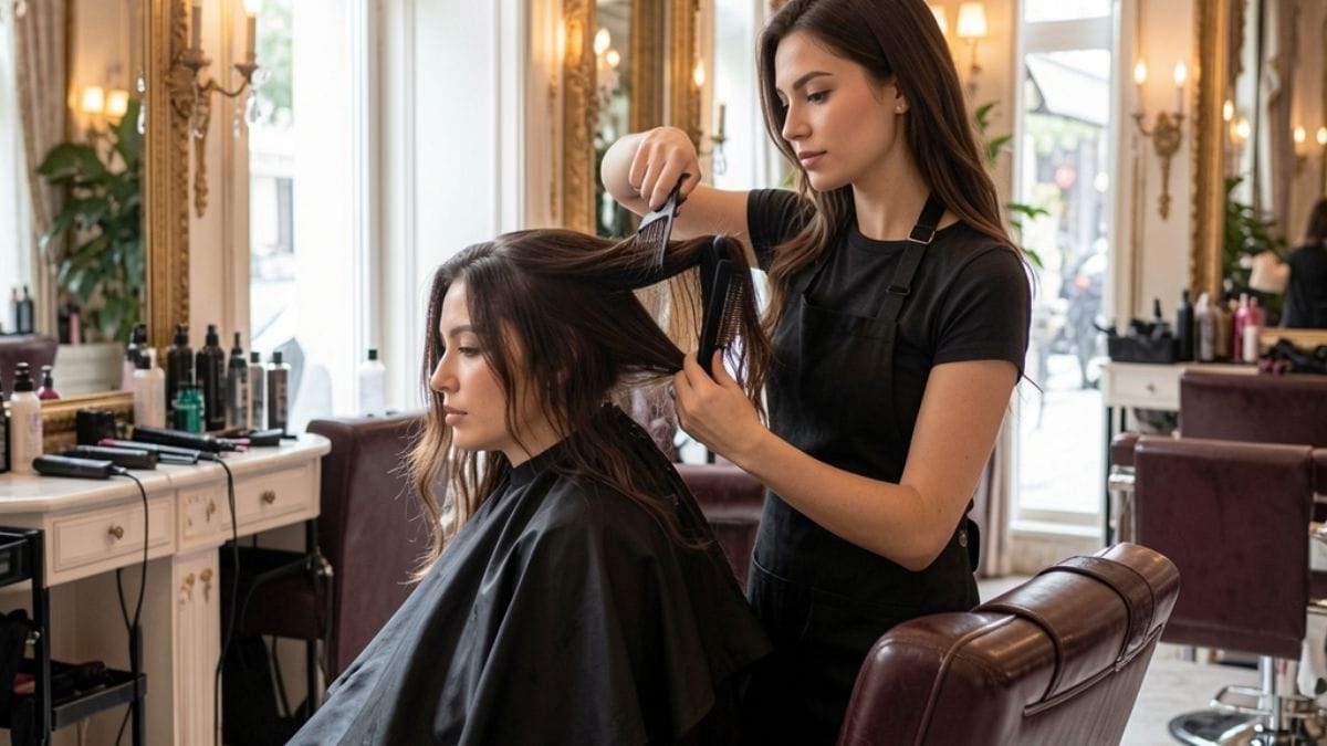 Mulher cortando cabelo em salão de beleza