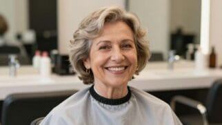 Mulher acima de 50 anos posa no cabeleireiro com seu novo visual