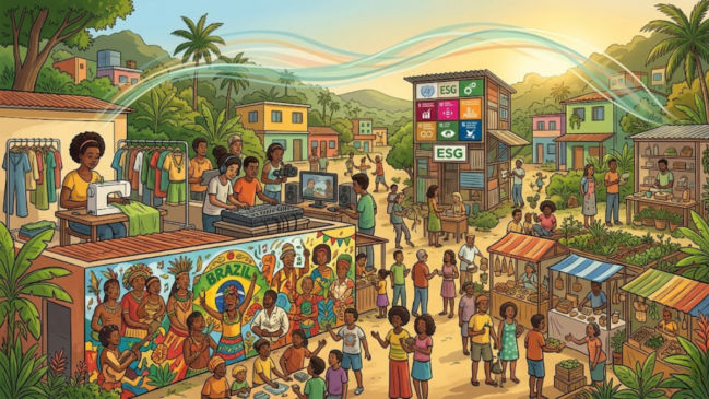 Esta imagem é uma ilustração rica, colorida e detalhada que representa o ecossistema da economia criativa integrado à sustentabilidade e às agendas ESG e ODS (Objetivos de Desenvolvimento Sustentável da ONU). O estilo artístico lembra o traço de uma história em quadrinhos ou infográfico detalhado, com contornos firmes e uma paleta de cores vibrante e calorosa. A cena se passa em uma comunidade comunitária e diversa, cercada por uma natureza tropical com palmeiras, árvores densas e morros ao fundo. O ambiente mistura elementos urbanos periféricos e rurais, emanando uma atmosfera vibrante de colaboração, cultura e sustentabilidade. A imagem é dividida em várias frentes de atividade que ilustram os pontos abordados no seu texto: Moda Sustentável e Upcycling (Canto superior esquerdo): Em um terraço, uma mulher negra trabalha em uma máquina de costura, cercada por araras cheias de roupas coloridas, representando a confecção limpa e o design circular. Audiovisual e Música (Centro-esquerda): Logo abaixo, jovens operam uma mesa de som de estúdio e uma câmera de vídeo voltada para uma tela de computador, ilustrando a produção cultural independente e as novas mídias. Arte Urbana e Identidade (Canto inferior esquerdo): A parede lateral desse estúdio exibe um grande e vivo mural grafitado que exalta a diversidade cultural brasileira, com representações de povos indígenas, negros e a bandeira do Brasil com a palavra "Brazil". Feira e Economia Solidária (Metade inferior direita): Diversas barracas de madeira com coberturas coloridas formam uma feira livre. Nelas, pessoas vendem artesanatos, tecidos e alimentos frescos. Há também hortas comunitárias cultivadas diretamente no solo ao lado das barracas, reforçando a segurança alimentar e a produção local. Inclusão Social e Comunidade (Centro e Primeiro plano): Dezenas de personagens de diferentes etnias, idades e gêneros interagem, conversam, carregam caixas de frutas e caminham pelo chão de terra batida, transmitindo uma forte sensação de pertencimento, cidadania e redução de desigualdades. A Agenda ODS/ESG (Centro-direita): Destaca-se uma estrutura de madeira de dois andares que funciona como um centro comunitário. Na sua fachada, há placas bem visíveis com os símbolos coloridos dos ODS da ONU, além de duas placas grandes com a sigla "ESG". No topo da estrutura, o logotipo da ONU (Organização das Nações Unidas) está timbrado de forma estilizada. Elementos de Transição: No céu, iluminado por um pôr do sol suave e amarelado, linhas onduladas e fluidas nas cores do arco-íris cruzam o horizonte de um lado ao outro, conectando visualmente todas as iniciativas da comunidade e simbolizando a sinergia, a criatividade e o fluxo da inovação sustentável.