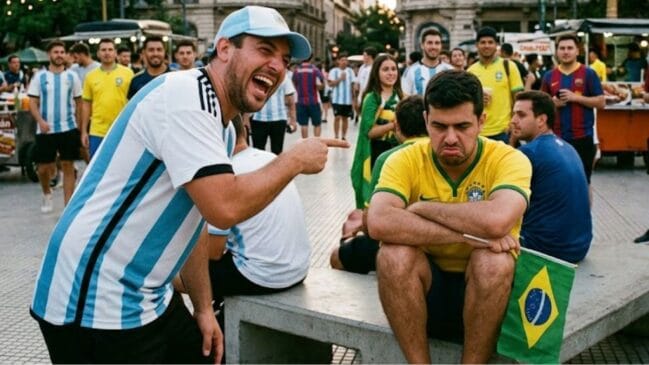 Um torcedor argentino rindo de um torcedor brasileiro