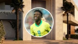 Montagem com fundo da fachada da mansão com a foto de Vini Jr na frente