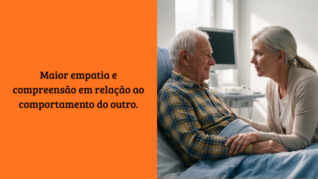 Mulher oferece apoio emocional e segura a mão de idoso em cama hospitalar, ilustrando conceito sobre empatia e compreensão interpessoal.