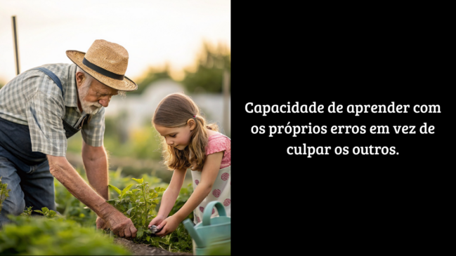 Senhor idoso e menina cultivando horta em um jardim, representando o tema de 'capacidade de aprender com os próprios erros' como parte da maturidade pessoal.