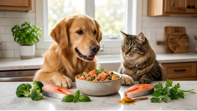 Cão e gato em uma mesa com legumes