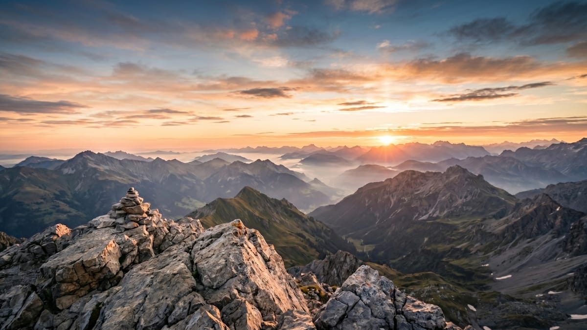 Vista panorâmica de topo de montanha rochosa com empilhamento de pedras em primeiro plano e pôr do sol dourado sobre vales montanhosos ao fundo.