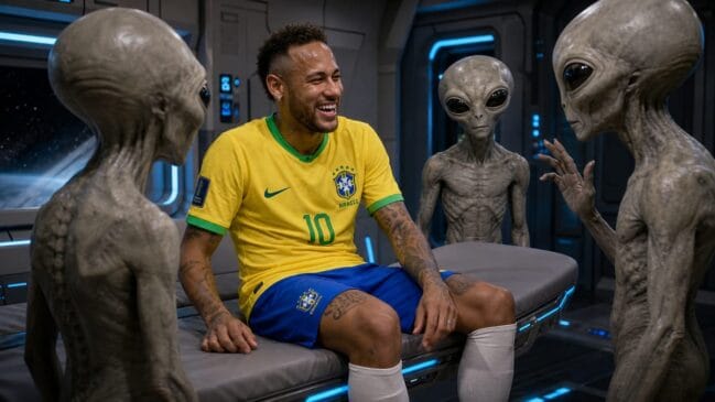 Imagem ilustrativa: Neymar dentro da nave alienígena após ser abduzido durante Brasil x Escócia na Copa de 2026