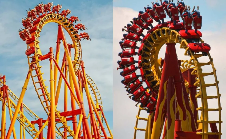 Montanha-russa FireWhip em funcionamento com visitantes durante o percurso no Beto Carrero World.
