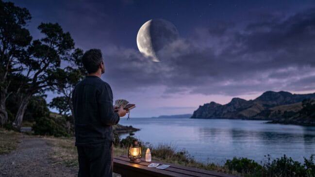 Fotografia horizontal de um homem de costas segurando cartas de tarô enquanto observa uma grande lua crescente no céu noturno à beira-mar