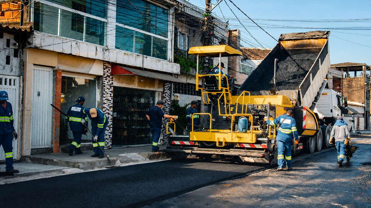 Obras da Sabesp em ruas de São Vicente, no Litoral de SP