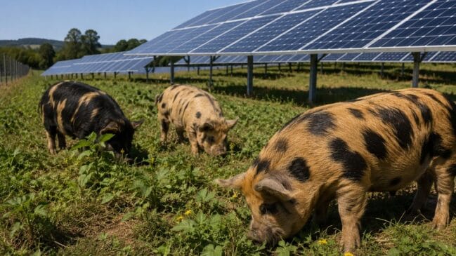 Usina solar demite roçadeiras e ‘contrata’ porcos para cortar a grama das placas