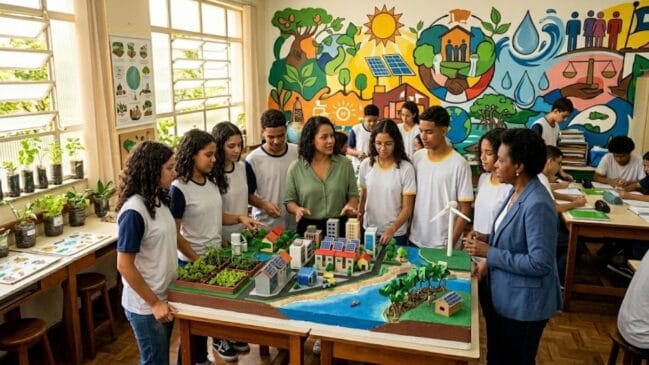 Fotografia colorida, em plano médio e horizontal, mostrando uma sala de aula interativa onde estudantes e educadoras se reúnem ao redor de uma grande maquete sustentável. No centro, uma professora de blusa verde e cabelos cacheados conversa com um grupo de jovens que usam uniformes escolares brancos com golas e mangas em tons de azul e amarelo. À direita, uma diretora ou coordenadora negra, vestindo um blazer azul-escuro sobre blusa branca, observa a atividade com atenção. Os alunos estão distribuídos ao redor de uma mesa de madeira que sustenta uma maquete detalhada de uma comunidade ecológica, contendo prédios com painéis solares, turbina eólica em miniatura, áreas agrícolas e uma representação de horta e litoral com vegetação nativa. Ao fundo, a parede da sala é decorada com um mural pintado à mão, muito colorido, que ilustra elementos da Agenda 2030 e dos ODS, como o sol, árvores, painéis fotovoltaicos, recursos hídricos e uma balança representando a justiça social. No lado esquerdo, grandes janelas de vidro iluminam o ambiente, e no parapeito há várias garrafas plásticas reaproveitadas como vasos de plantas, funcionando como uma pequena horta vertical. Ao fundo, à direita, outros estudantes aparecem sentados em suas carteiras trabalhando em cadernos.