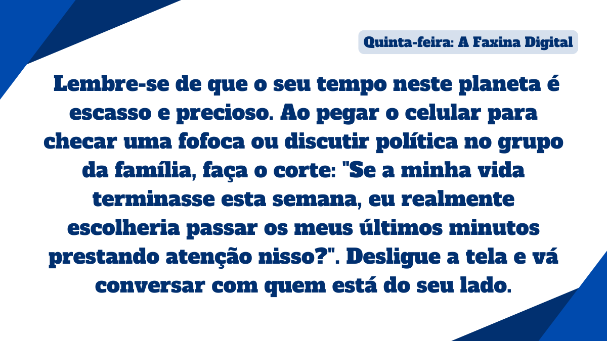 Card com conselho estoico sobre valorizar o tempo escasso e evitar fofocas ou discussões na internet