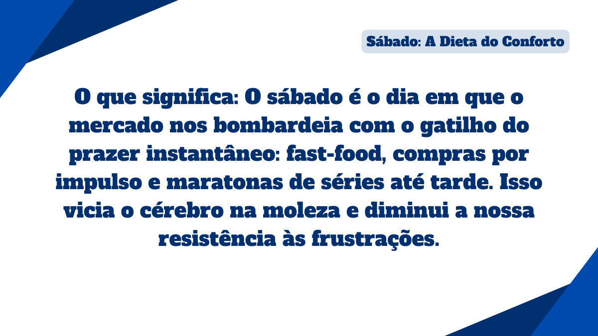 Card intitulado Sábado A Dieta do Conforto abordando o bombardeio de gatilhos de prazer instantâneo pelo mercado