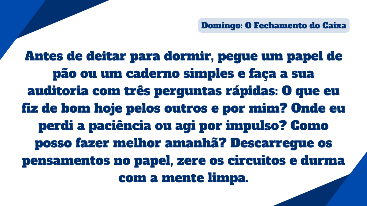 Card com roteiro de auditoria noturna de domingo contendo três perguntas rápidas para zerar circuitos mentais