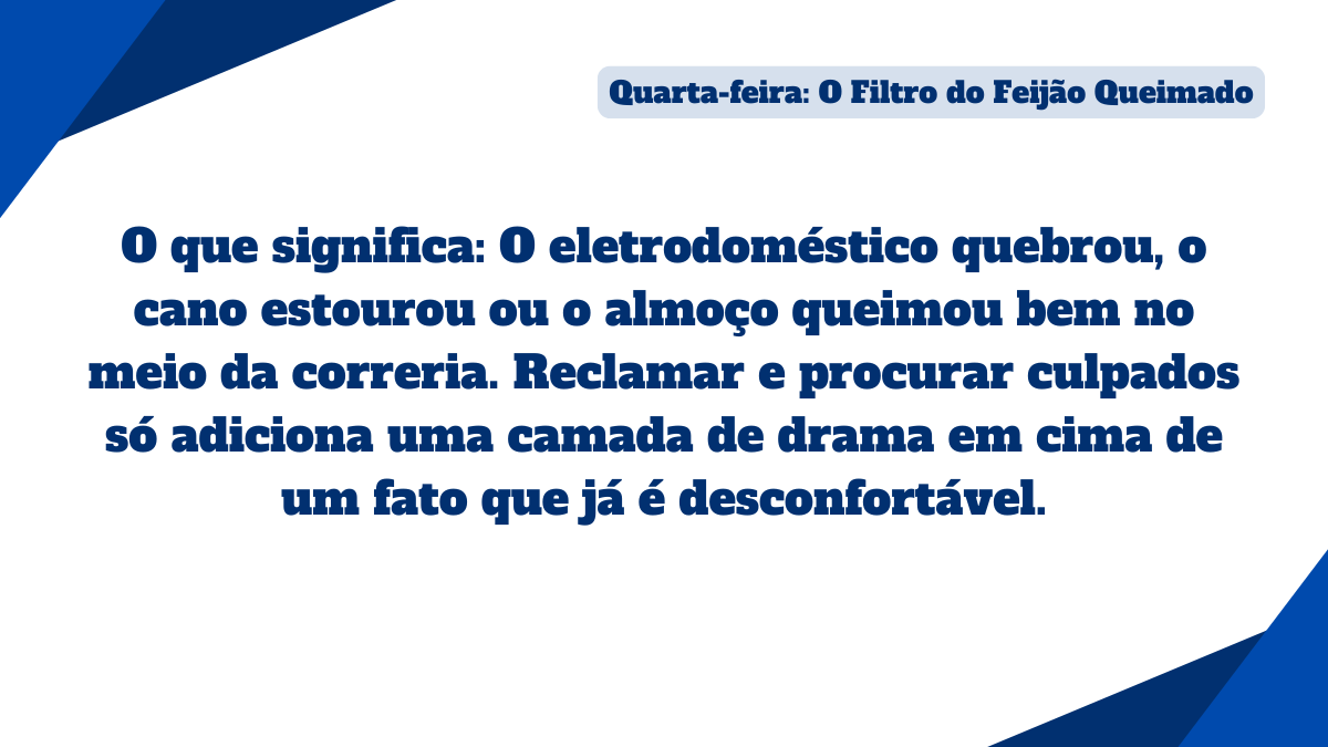 Card explicativo intitulado Quarta-feira O Filtro do Feijão Queimado abordando o drama gerado por pequenos acidentes domésticos