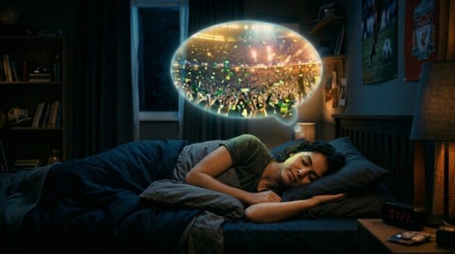 Mulher dormindo em um quarto com uma projeção holográfica brilhante em tons de verde e amarelo sobre sua cabeça, remetendo a uma comemoração festiva em um estádio de futebol.