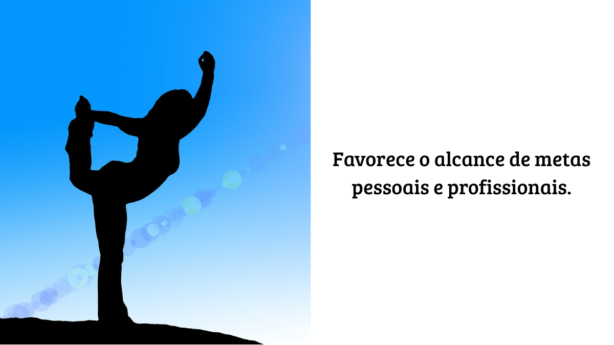 Silhueta de uma pessoa praticando uma pose de yoga contra um fundo de céu azul claro, ao lado do texto: "Favorece o alcance de metas pessoais e profissionais."
