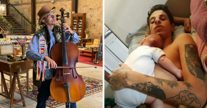 Luiz, que mora em Sorocaba, toca nas ruas e em alguns restaurantes, viajando de cidade em cidade, para ajudar a sustentar o filho, Valentim, de 1 ano e 6 meses