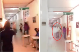 Nas imagens, o professor aparece assustado e corre para se proteger