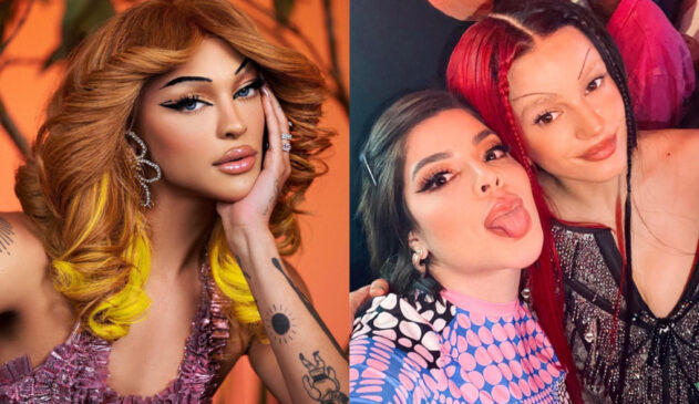 Quem também entrou para a trend de beauty usando uma sobrancelha fake, criada acima da verdadeira (após descolori-la) foi Rosália e Pabllo Vittar